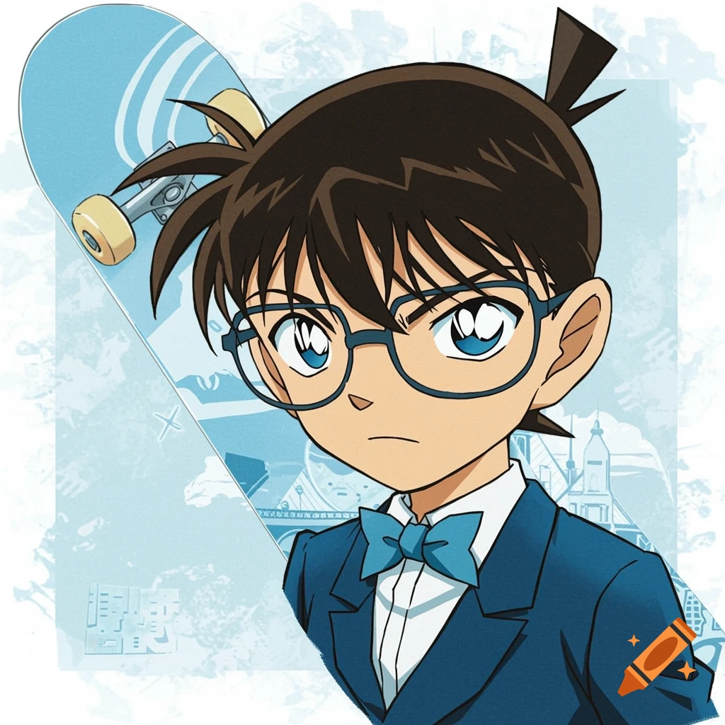 Anime boy in a blue suit, bow tie, and glasses, with a skateboard leaning behind him on a light blue background.