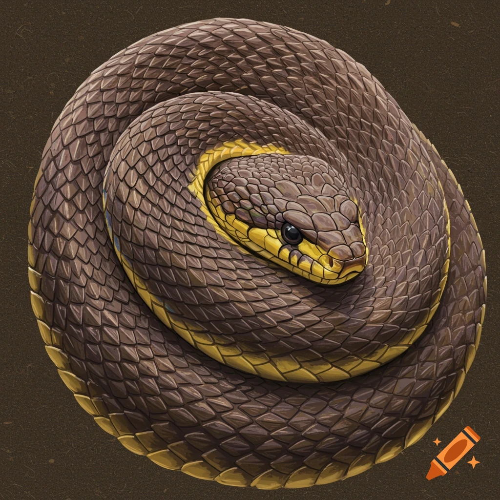 A brown and yellow snake coiled up, seen from above, on a dark brown background.