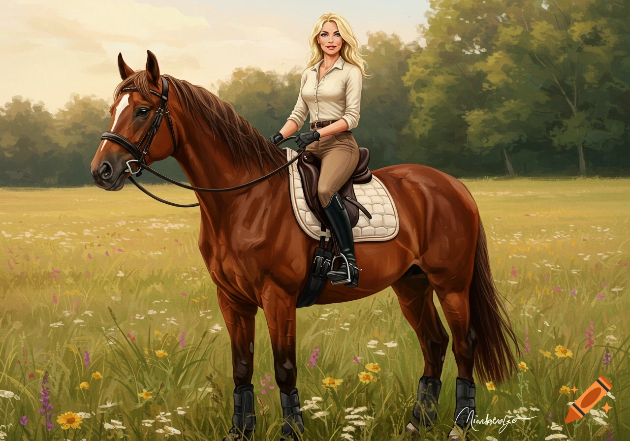 A blonde woman in riding gear sits atop a brown horse in a vibrant wildflower field, digital painting.