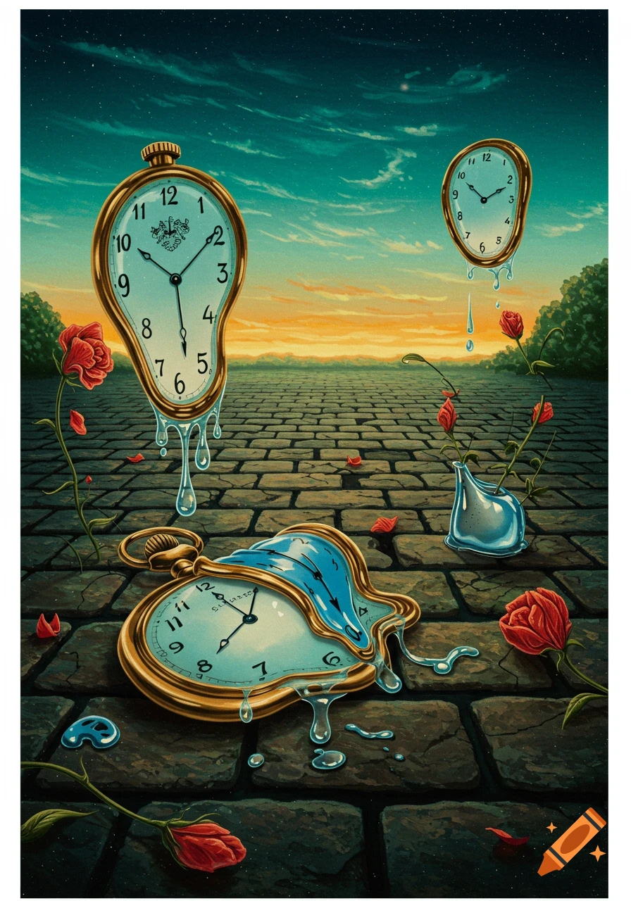 Surrealist painting of melting pocket watches on a stone path, with red roses, under a twilight sky.