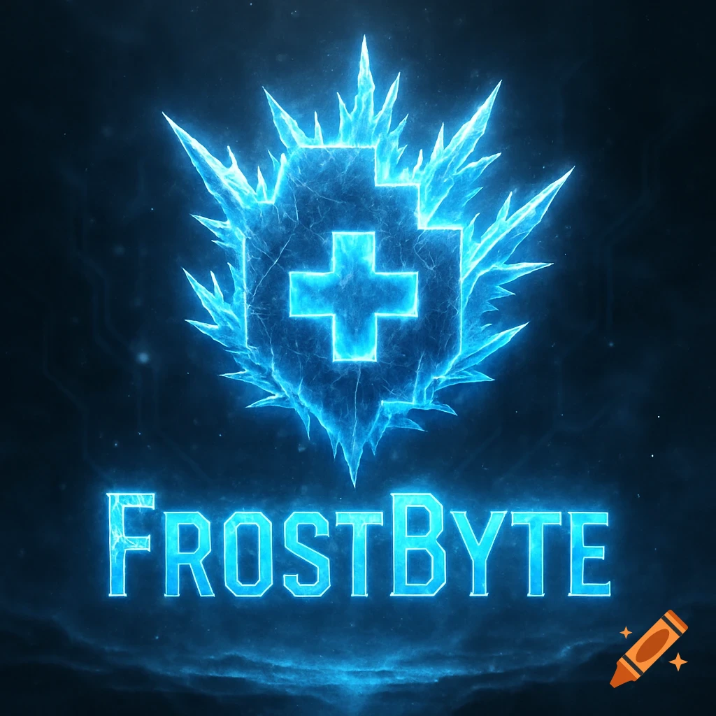 A glowing, neon blue icy symbol with a cross shape and sharp edges above the word 'FROSTBYTE' on a dark, misty background.