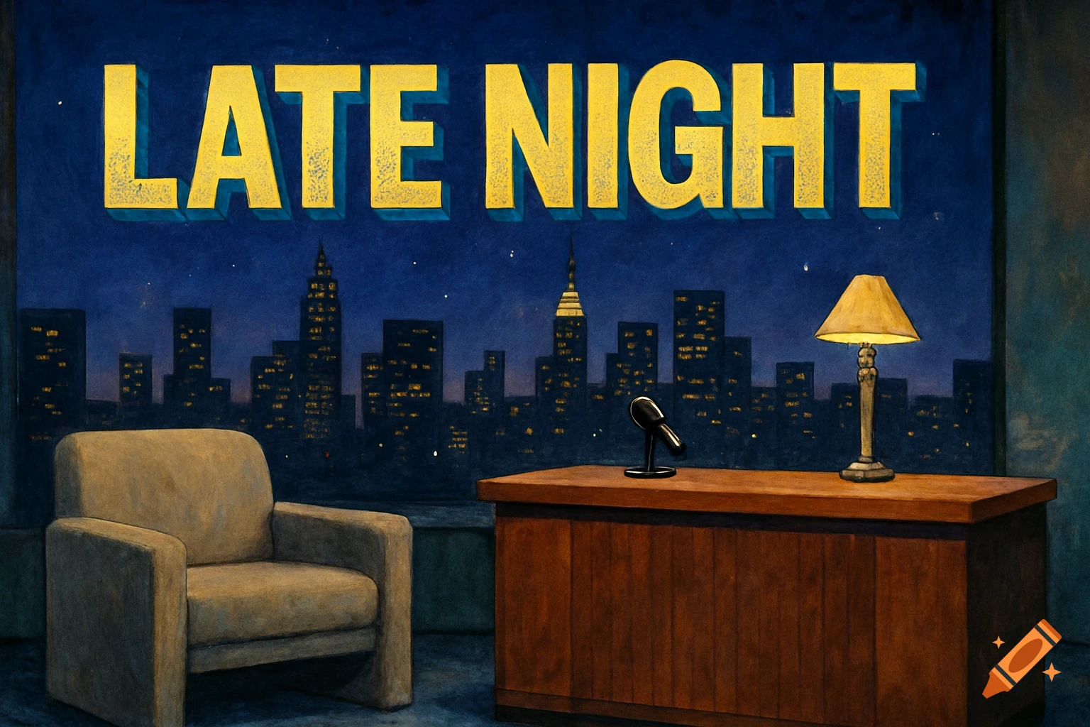 Stylized painting of a late night talk show set with a large "LATE NIGHT" sign, a desk, microphone, lamp, and armchair against a city skyline.