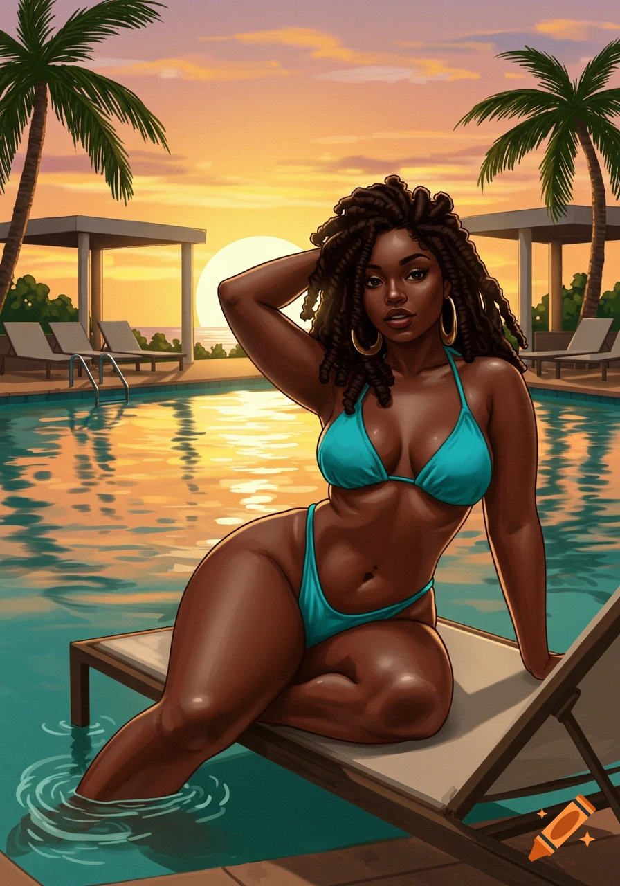 Illustrative portrait of a curvy Black woman in a teal bikini by a pool at sunset with palm trees.