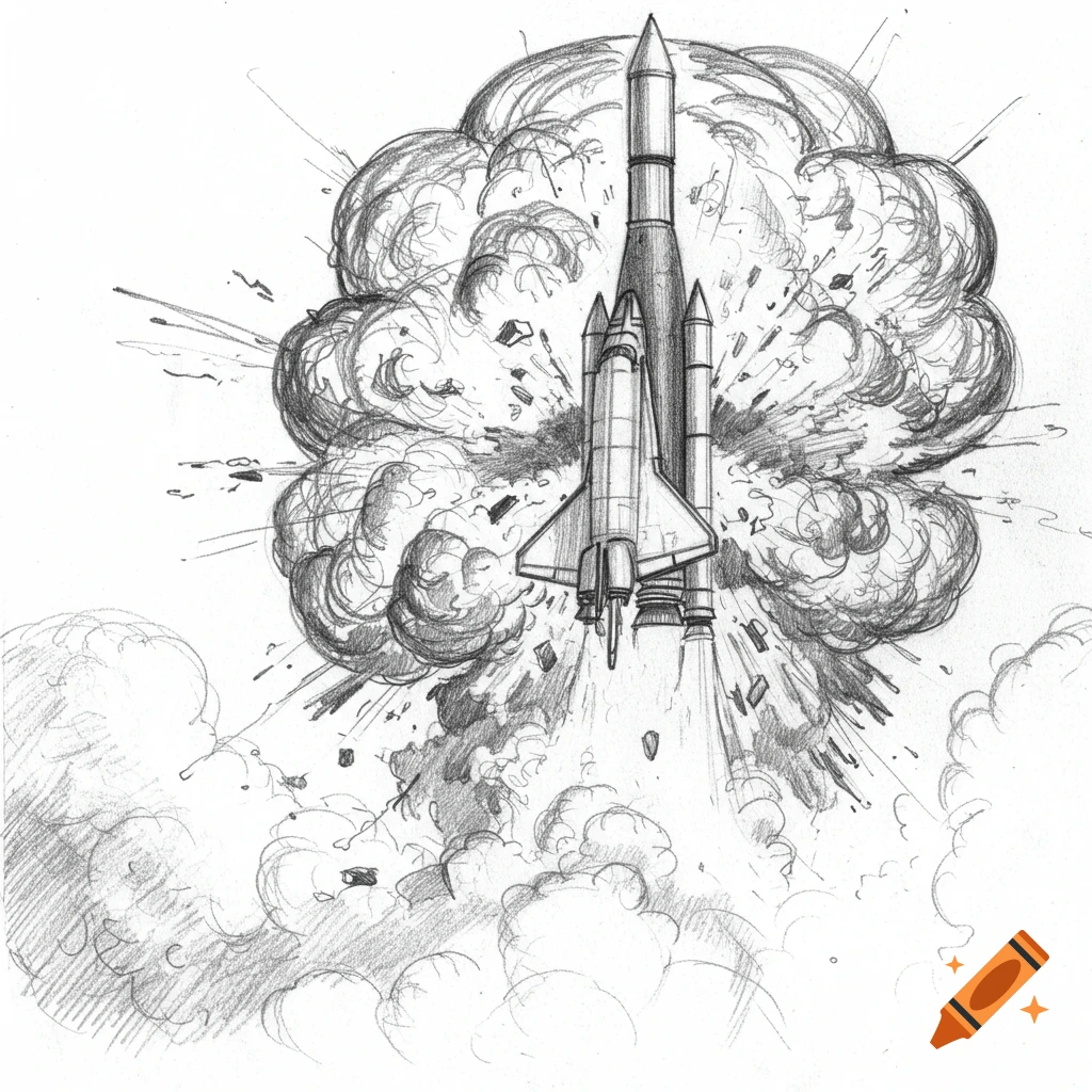 A black and white pencil drawing of a rocket launching amidst a large explosion and smoke.