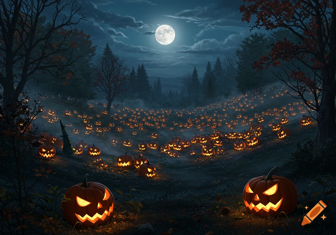 A valley covered in glowing jack-o'-lanterns under a full moon on a spooky Halloween night, surrounded by dark trees.