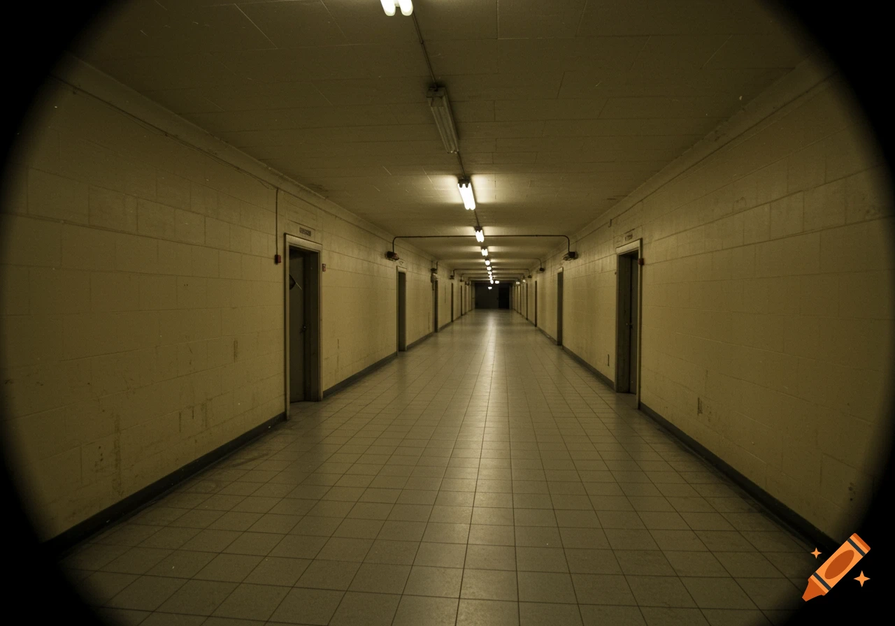 A long, dimly lit, empty hallway with light-colored brick walls, tiled floor, and rows of fluorescent lights leading into the distance, with numerous closed doors on either side.