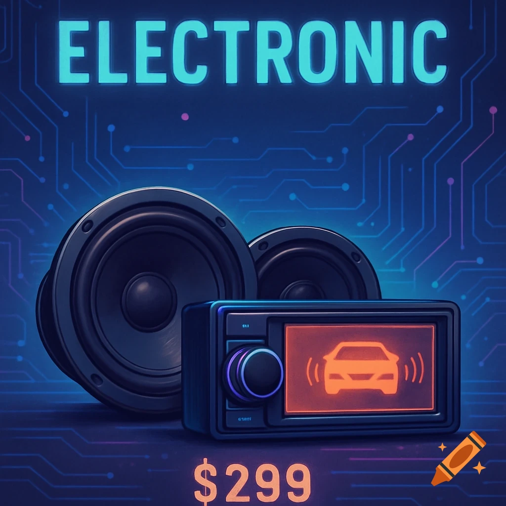 Car audio system components: speakers and a stereo unit with an orange screen, on a blue circuit background. Text: ELECTRONIC, $299.