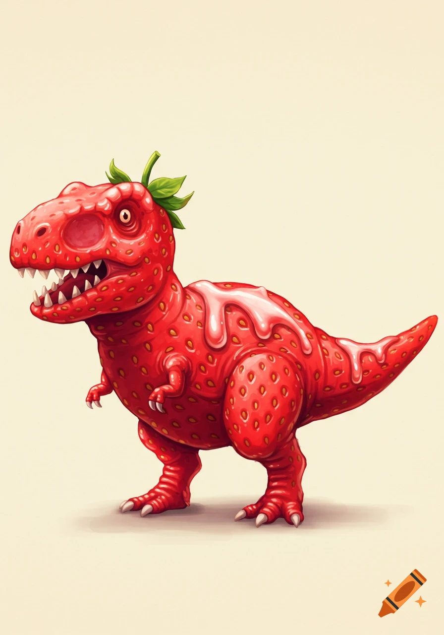 A vibrant cartoon illustration of a T-Rex made entirely out of a strawberry, complete with green leaves on its head and white icing drizzled on its back, set against a plain light background.