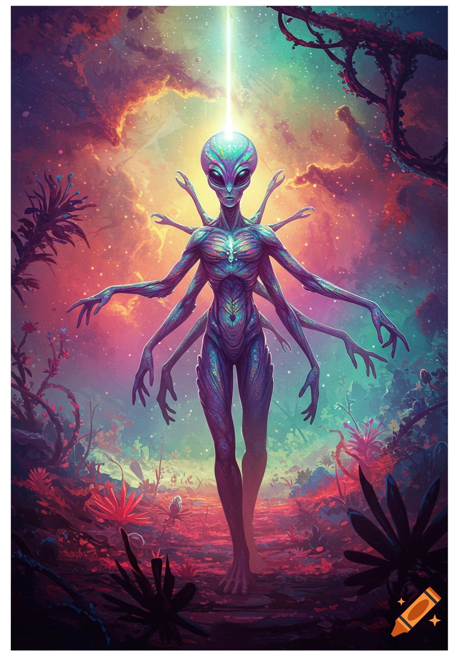 A vibrant, multi-limbed alien with a glowing head stands in a surreal, colorful alien landscape under a cosmic sky.