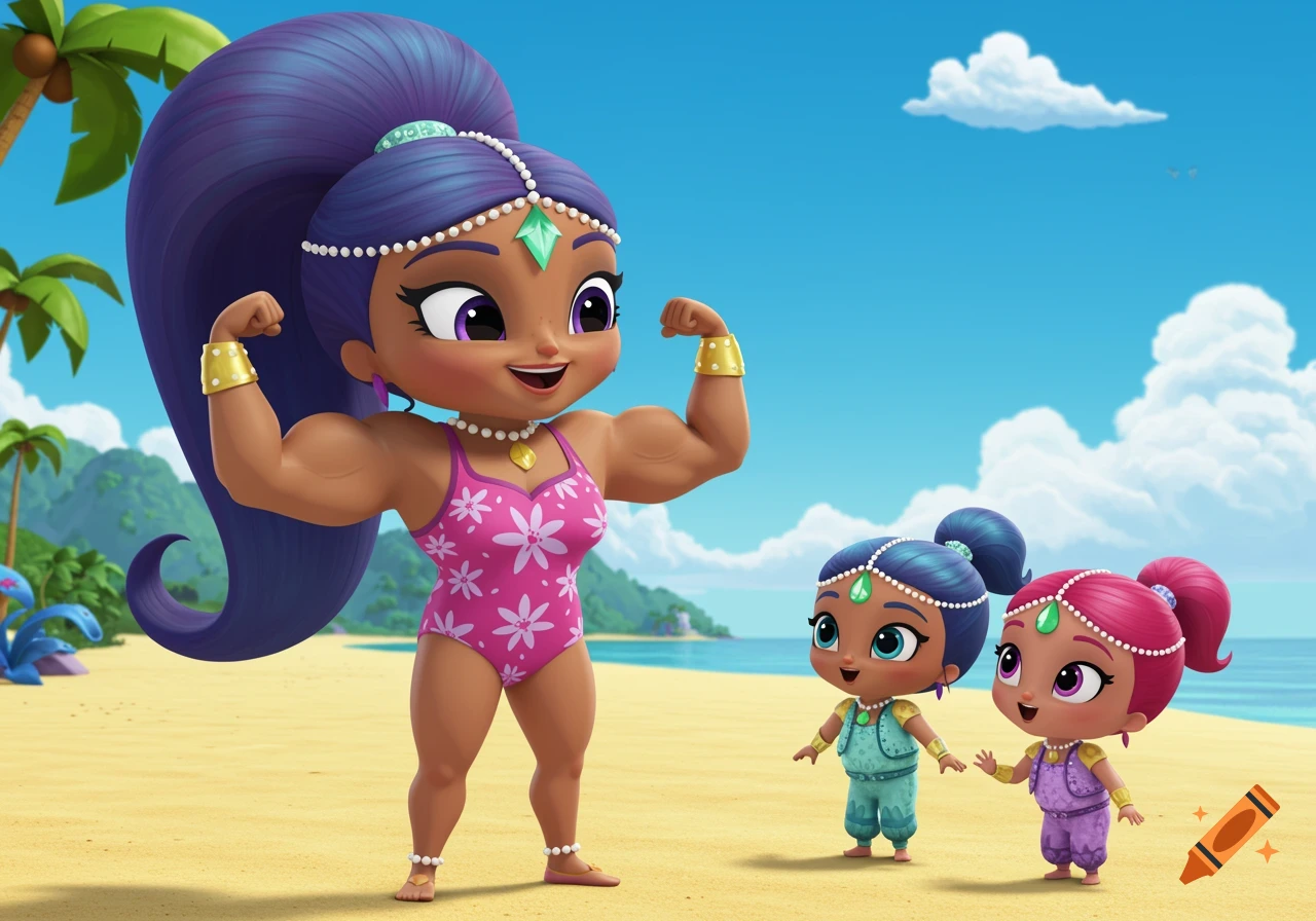 Shimmer's mom, Leah, with large muscles, flexes her arms on a sandy beach. Shimmer and Shine stand nearby.