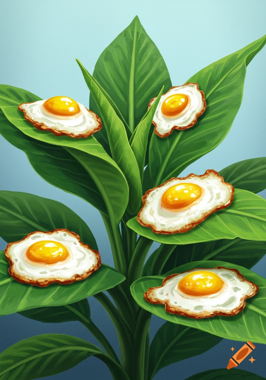 A vibrant illustration of golden fried eggs resting on large green leaves of a plant.