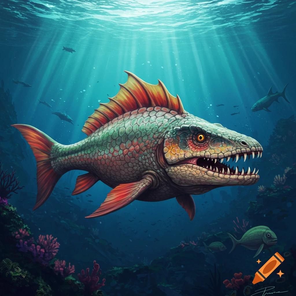 A colorful, scaly dinosaur-like fish with sharp teeth swims in a vibrant underwater scene with light rays from above.