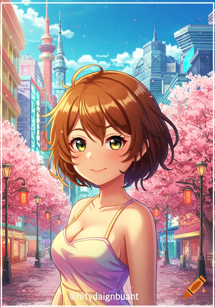 An anime girl with short brown hair and green eyes smiles in a city street lined with pink cherry blossom trees, Japanese lanterns, and tall buildings under a blue sky.