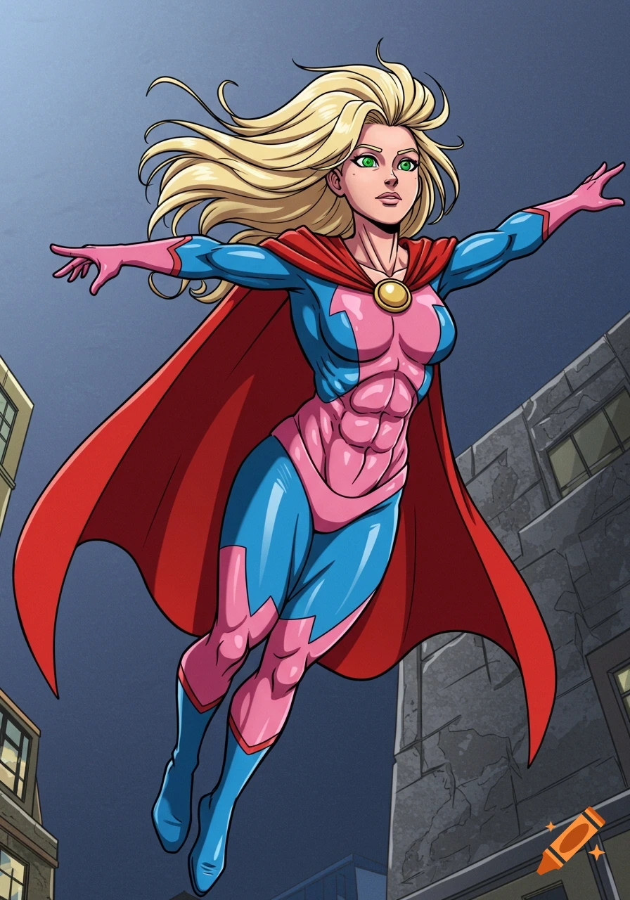 A comic book-style superhero girl with blonde hair, green eyes, a red cape, and a pink and blue suit, hovering above city buildings.