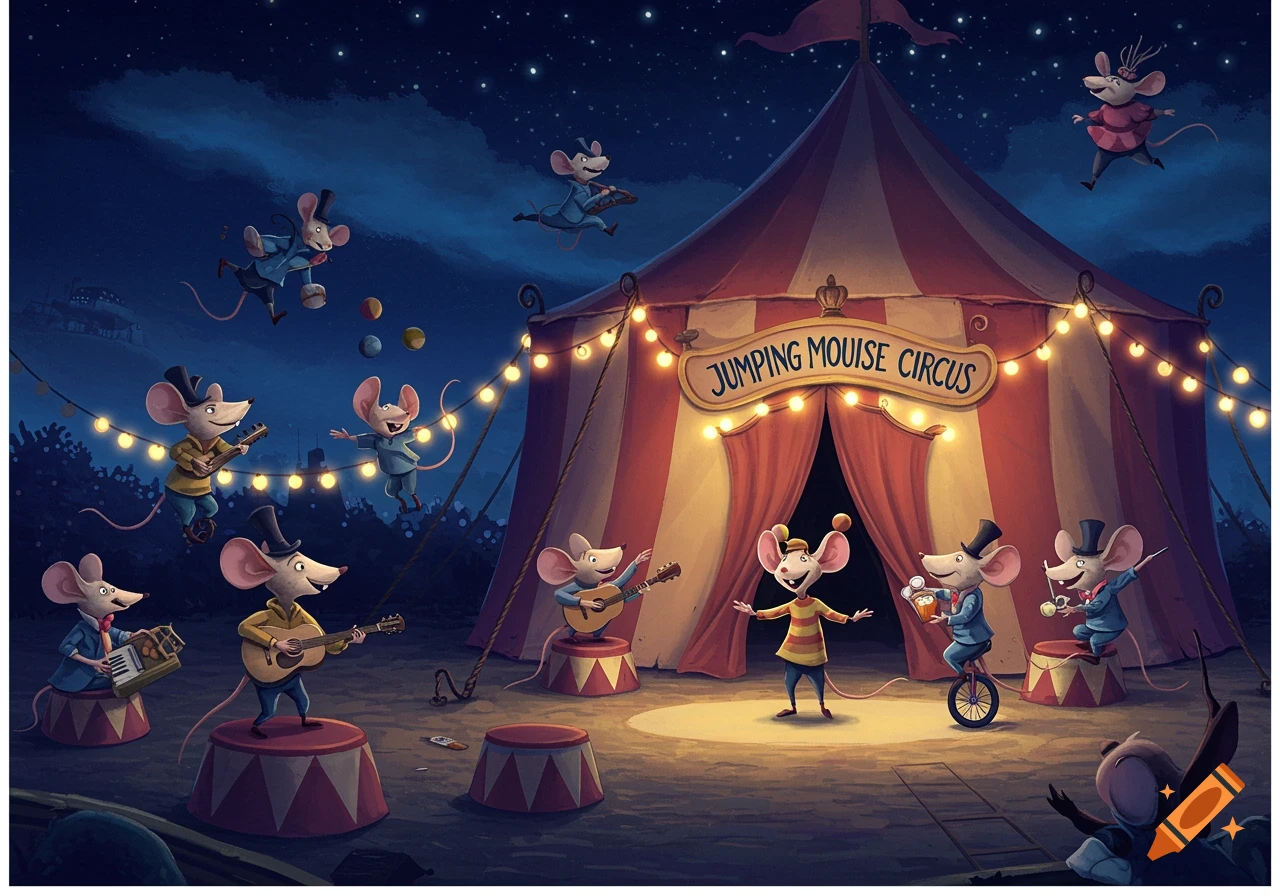 Cartoon mice perform at a circus under a starry night sky. A large red and white tent has 'JUMPING MOUSE CIRCUS' sign.