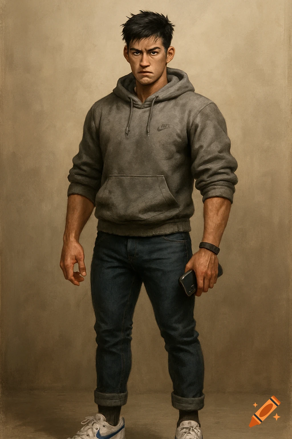 A full-body illustration of a young man with short black hair, wearing a gray hoodie, dark blue jeans, and white Nike sneakers, looking forward with a serious expression.