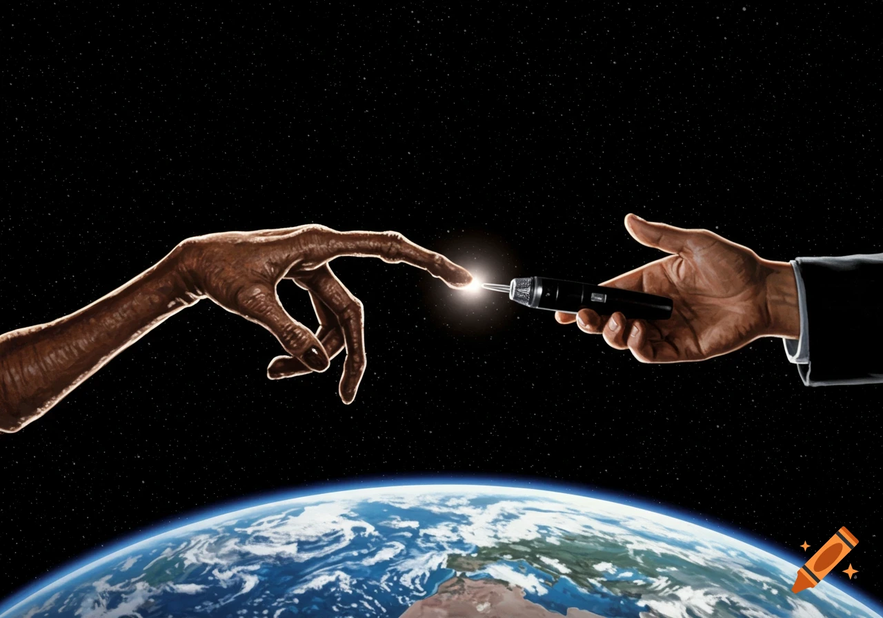 An alien's long-fingered hand with a glowing fingertip reaches towards a human hand holding a microphone, against a backdrop of deep space and Earth's curvature.