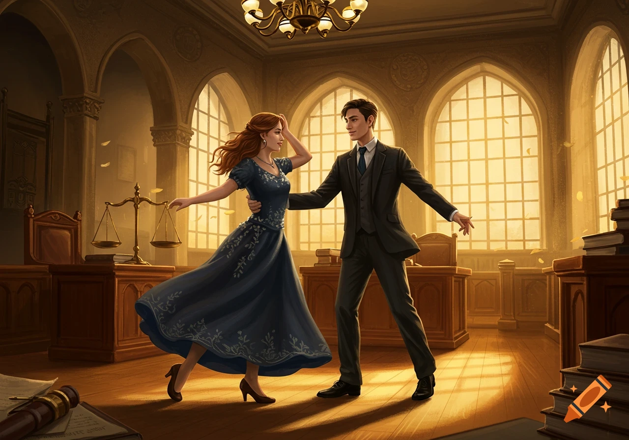 A man and a woman in formal attire waltz in a grand courtroom with high arched windows, bathed in golden light.