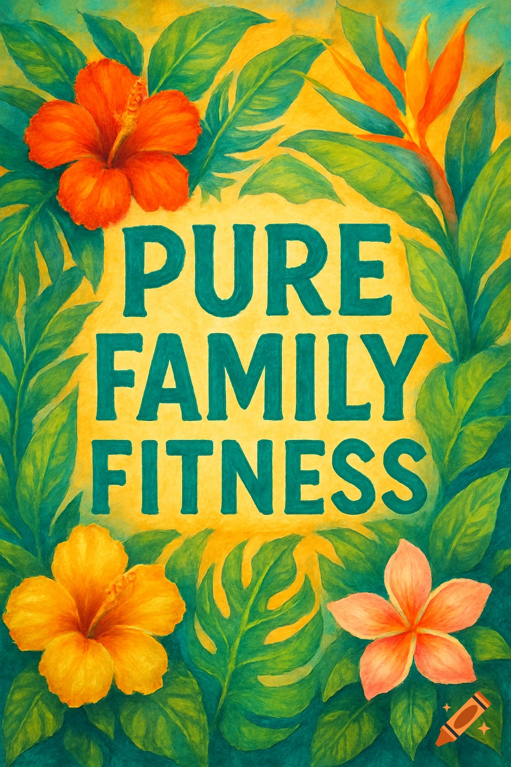 A vibrant tropical illustration featuring the words PURE FAMILY FITNESS surrounded by hibiscus and other exotic flowers.