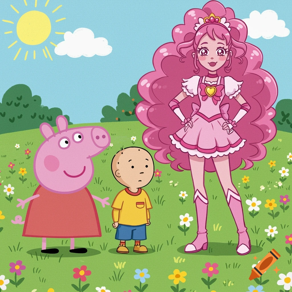 Peppa Pig, Caillou, and a pink-haired anime magical girl stand in a sunny green field with flowers in a colorful cartoon style.