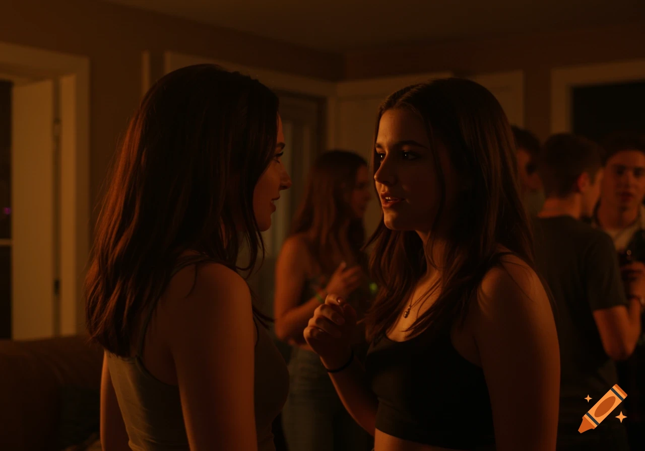 Two brunette women talking closely at a dimly lit house party with blurred people in the background, realistic style.