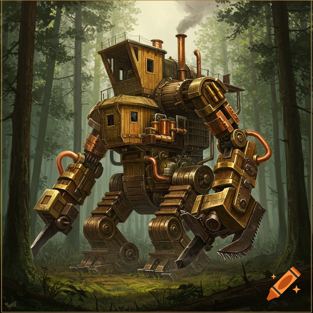 A detailed steampunk robot with a steam engine on its back, a saw-blade hand, and a pickaxe-like hand, stands in a lush forest.