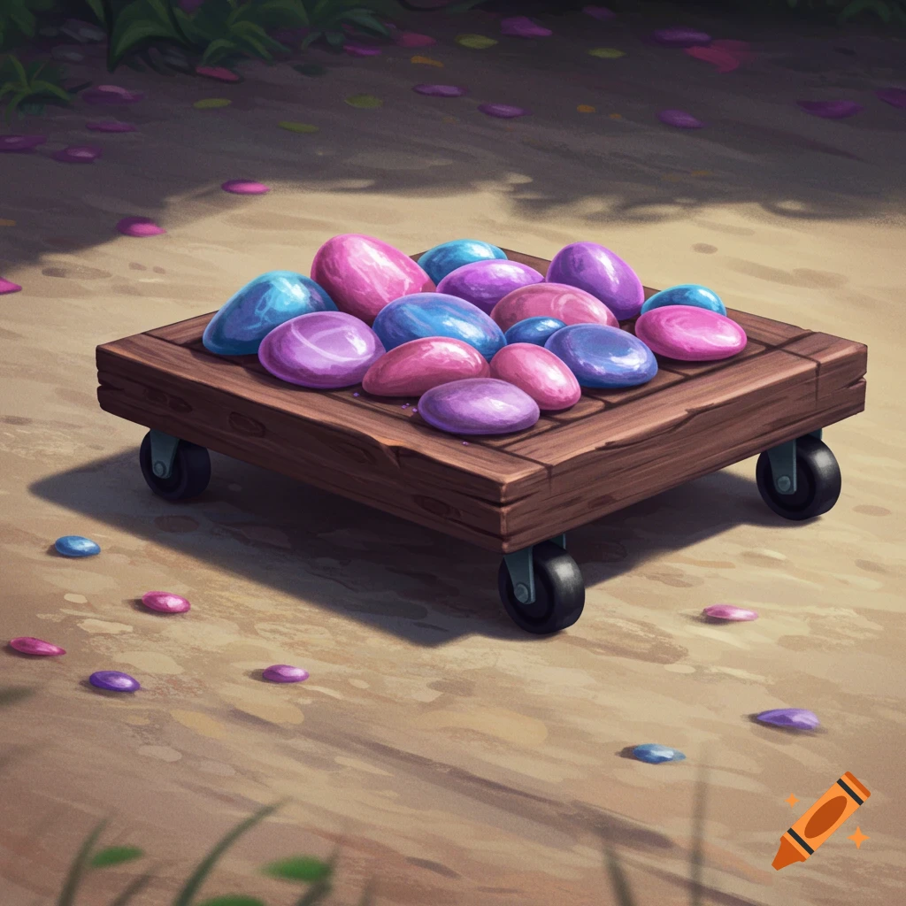 A wooden platform on wheels holds smooth, polished pink, purple, and blue decorative stones on a dirt path with scattered flower petals.