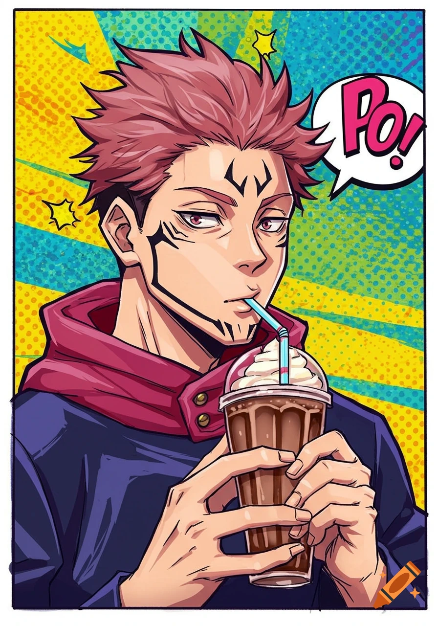 Anime character Sukuna with red hair and facial tattoos drinking a milkshake through a straw in a vibrant pop art style with a speech bubble.
