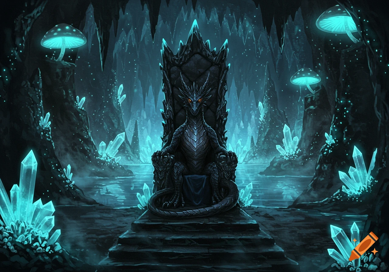 A black dragon with orange eyes sits on a dark throne in a glowing blue crystal cave with bioluminescent mushrooms.