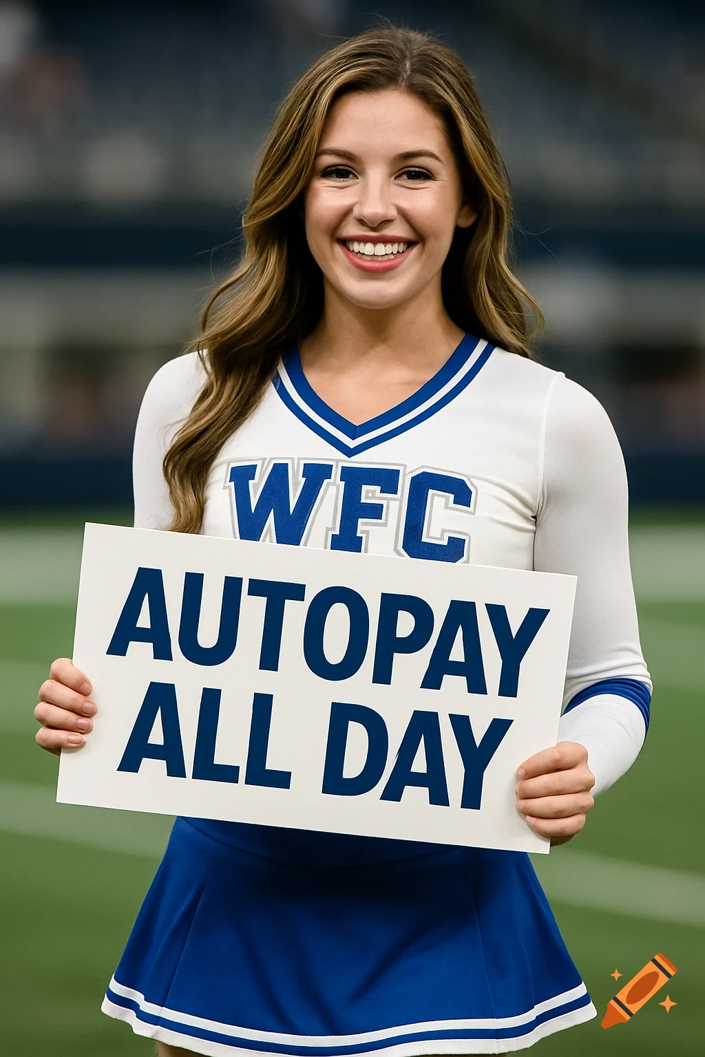 A smiling cheerleader in a white and blue uniform holds a sign that reads 'AUTOPAY ALL DAY' on a sports field.