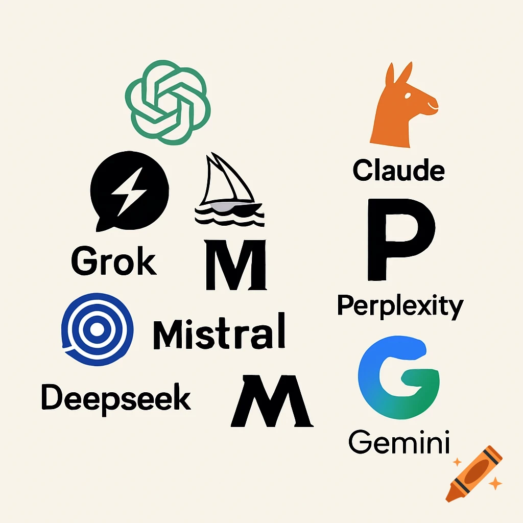 A collage of AI company logos including ChatGPT, Grok, Deepseek, Mistral, Claude (with a llama logo), Perplexity, and Gemini, arranged to form the letters A and I.
