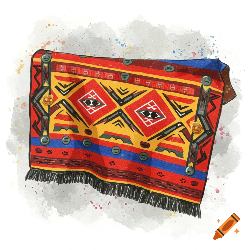 A vibrant button blanket with red, yellow, and blue patterns, and black fringes, depicted in a watercolor style.