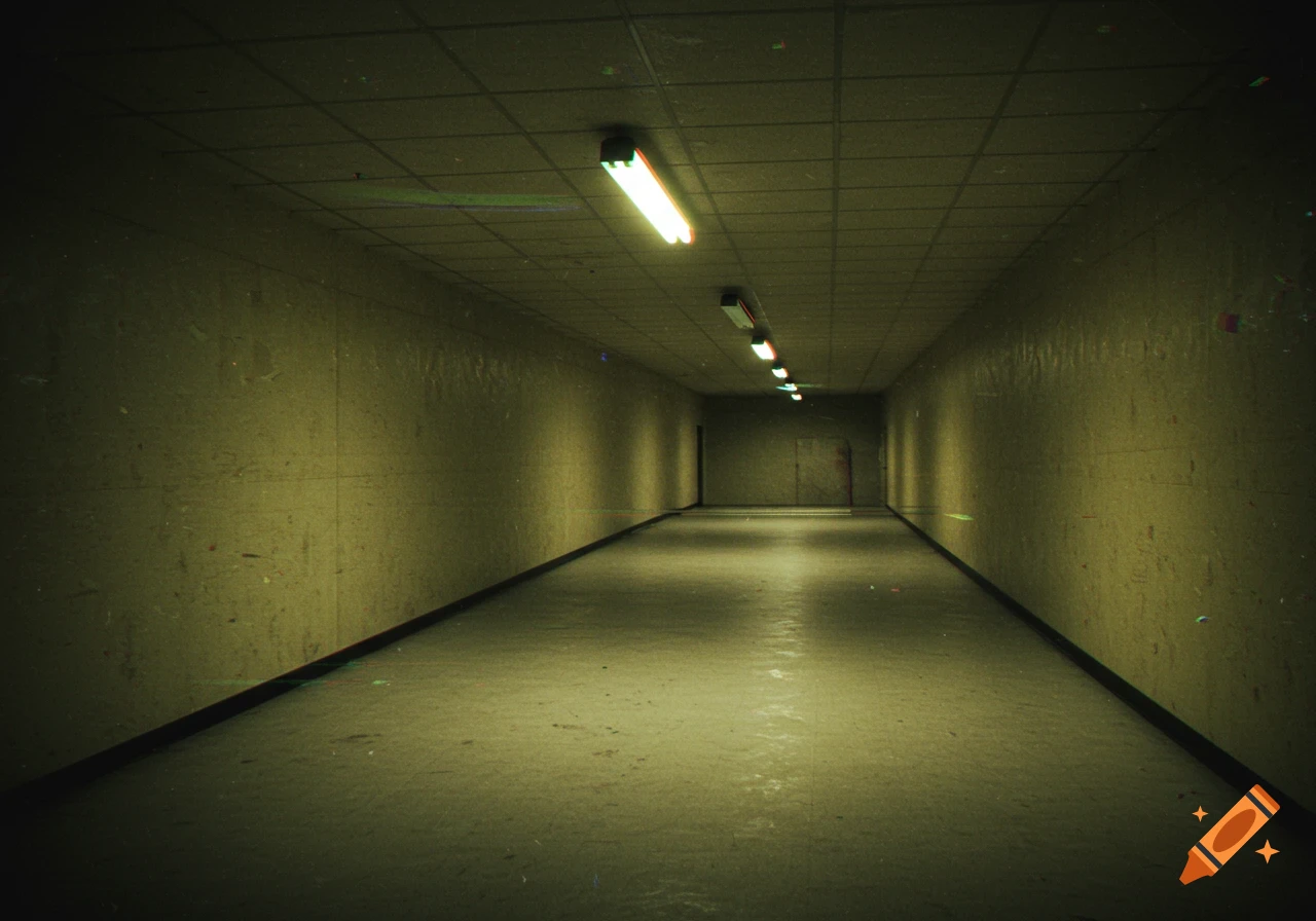 A long, dimly lit, yellow-green hallway with fluorescent lights on the ceiling, appearing gritty with a VHS glitch effect.