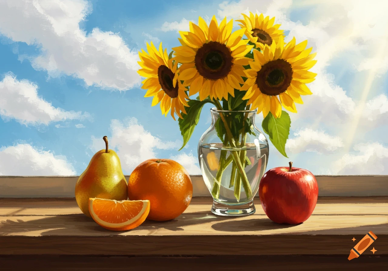 A vibrant still life painting of sunflowers in a vase, with a pear, orange, and apple on a wooden table under a sunny sky.