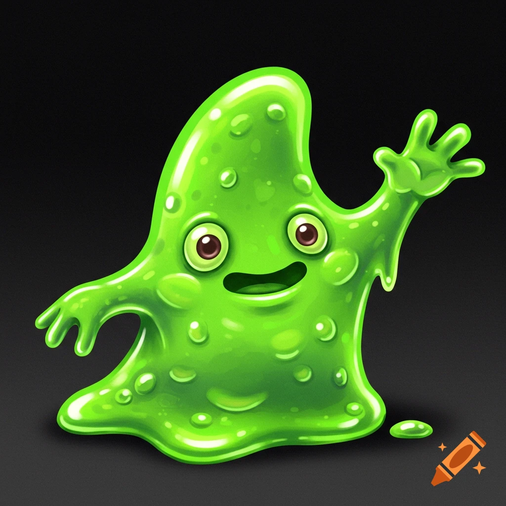 A bright green, glossy cartoon slime monster with big eyes and a smile, raising a limb, against a dark background.