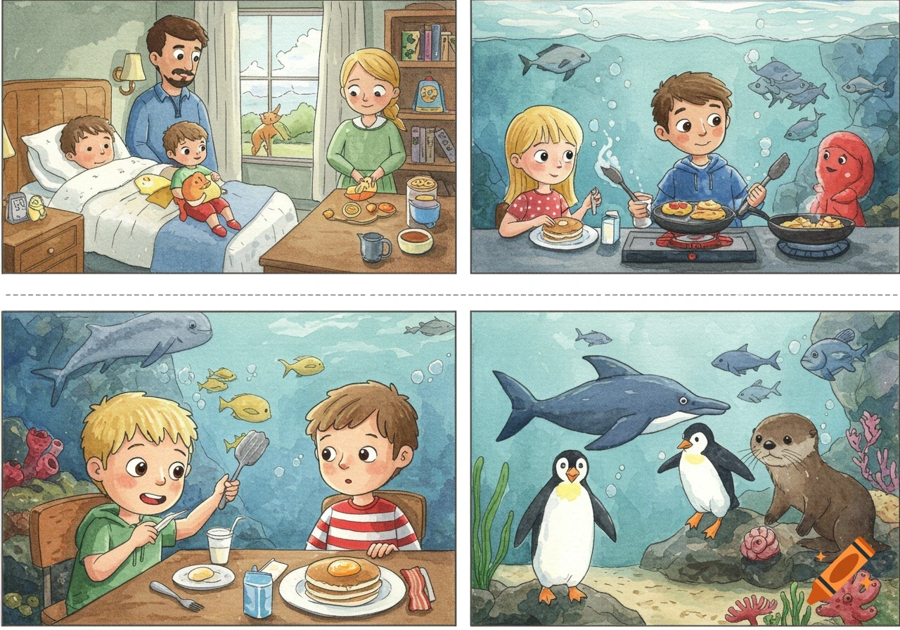 Four watercolor panels depict a family's day: a boy wakes up to his parents, two children cook breakfast, and various sea creatures like dolphins, penguins, and an otter are seen in an aquarium.