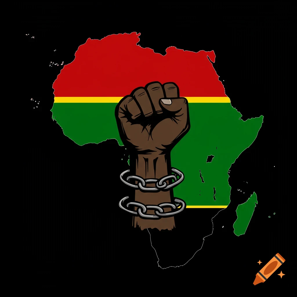 A brown raised fist with chains over the continent of Africa, colored in red, yellow, and green, on a black background.