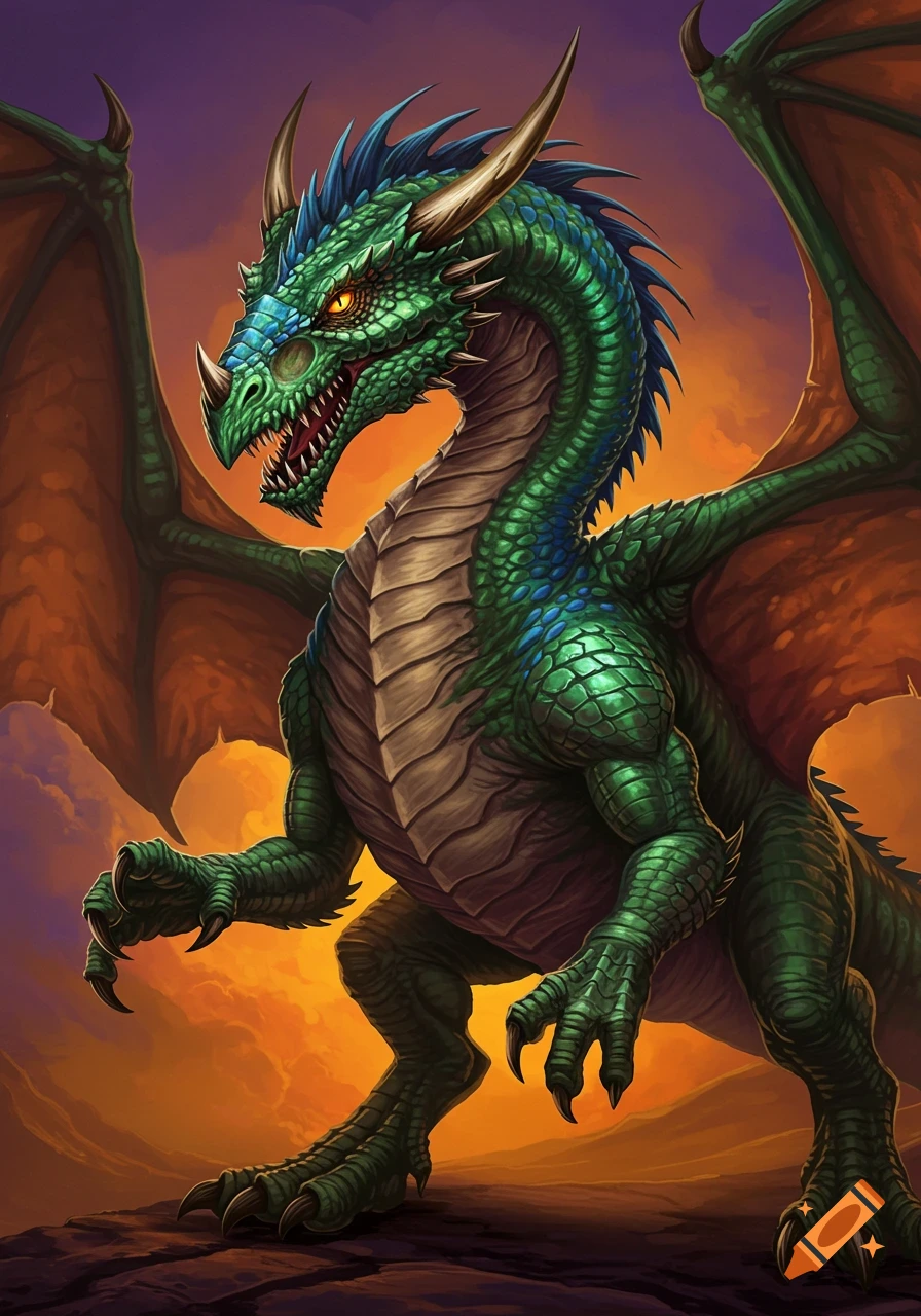 A majestic green and blue dragon with large wings stands on a rocky outcrop against a vibrant orange and purple sky in a fantasy art style.