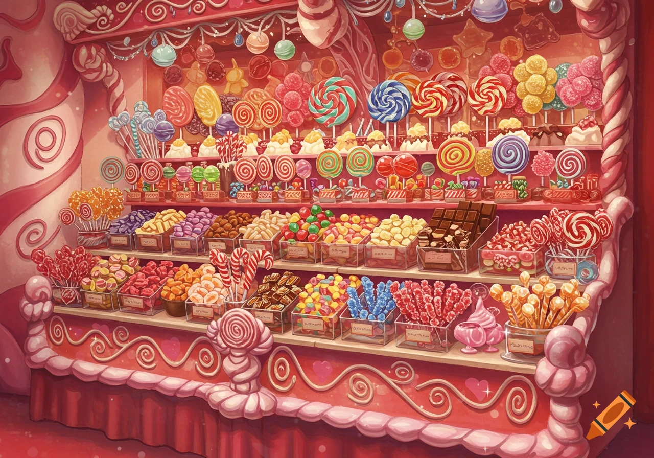 A vibrant, colorful candy store display overflowing with lollipops, chocolates, and various bulk candies in a whimsical, illustrative style.