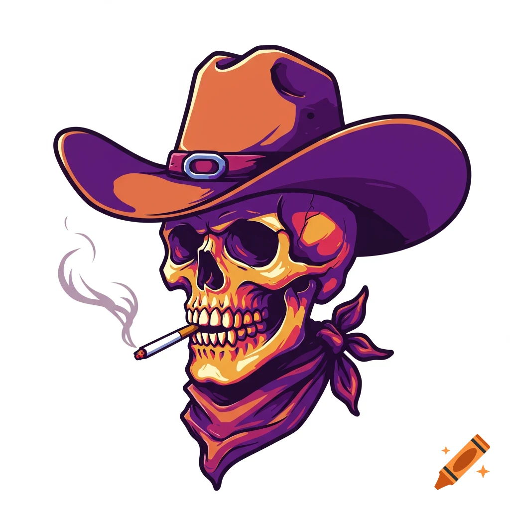 Vibrant pop art illustration of a skull wearing a cowboy hat and bandana, smoking a cigarette.