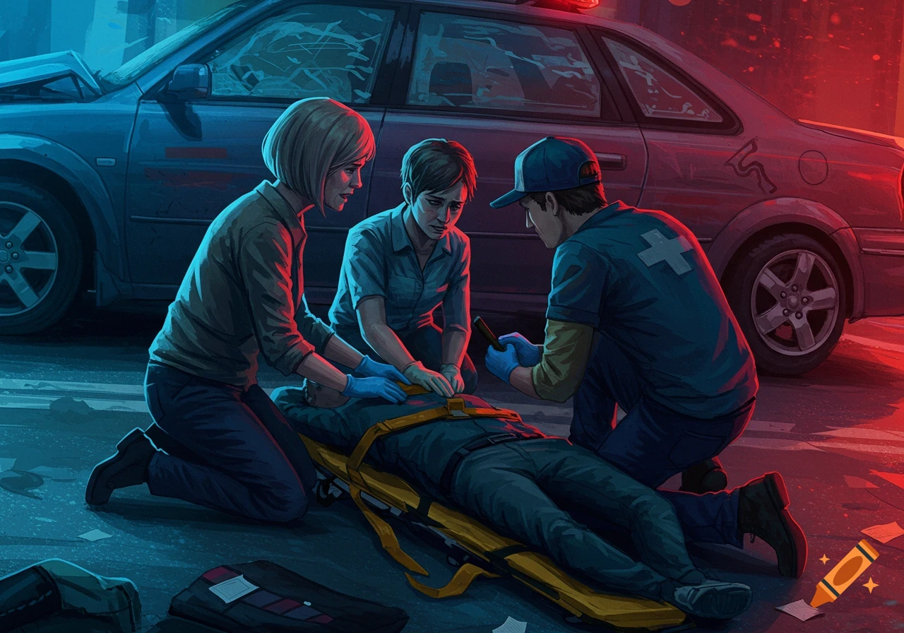 Three first responders are attending to an injured person lying on a stretcher on the ground, next to a damaged car with flashing red and blue lights, in a stylized, dramatic illustration.