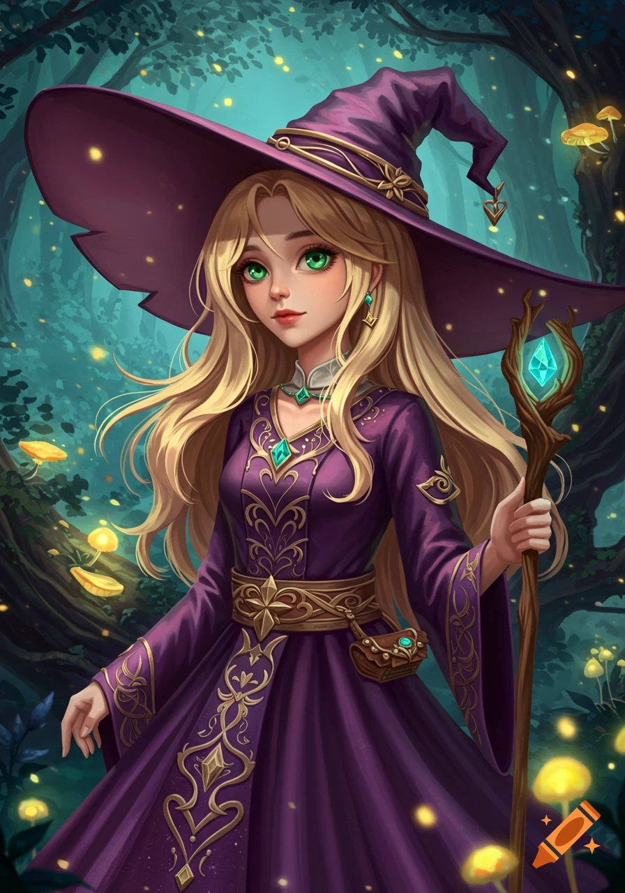 A young witch with blonde hair, vibrant green eyes, and a purple dress and  pointy hat holds a glowing staff in an enchanted forest. on Craiyon