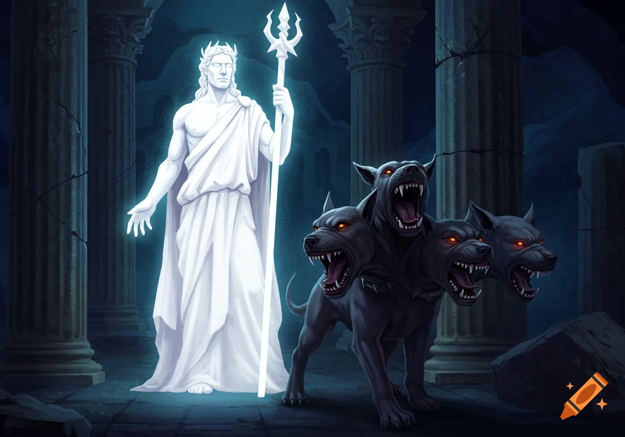 A glowing white statue of Pluto with a trident stands beside a snarling three-headed Cerberus in a dark, ruined temple.