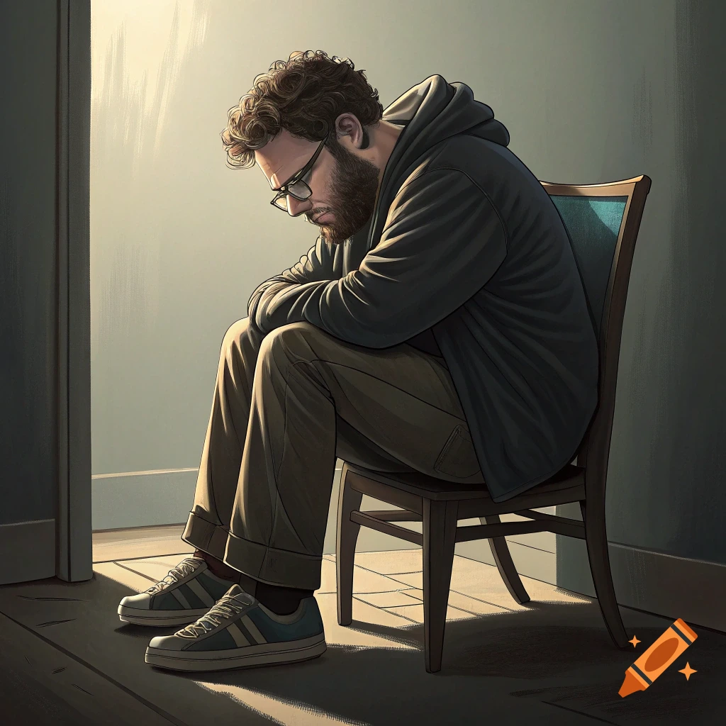 A sad man with a beard and glasses sits slumped on a chair in a sunlit room, his head bowed.
