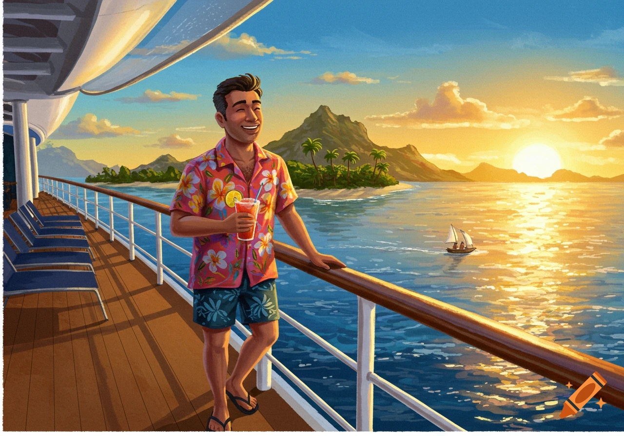 An illustrated man smiling and holding a drink on a cruise ship deck at sunset, with a tropical island in the background.