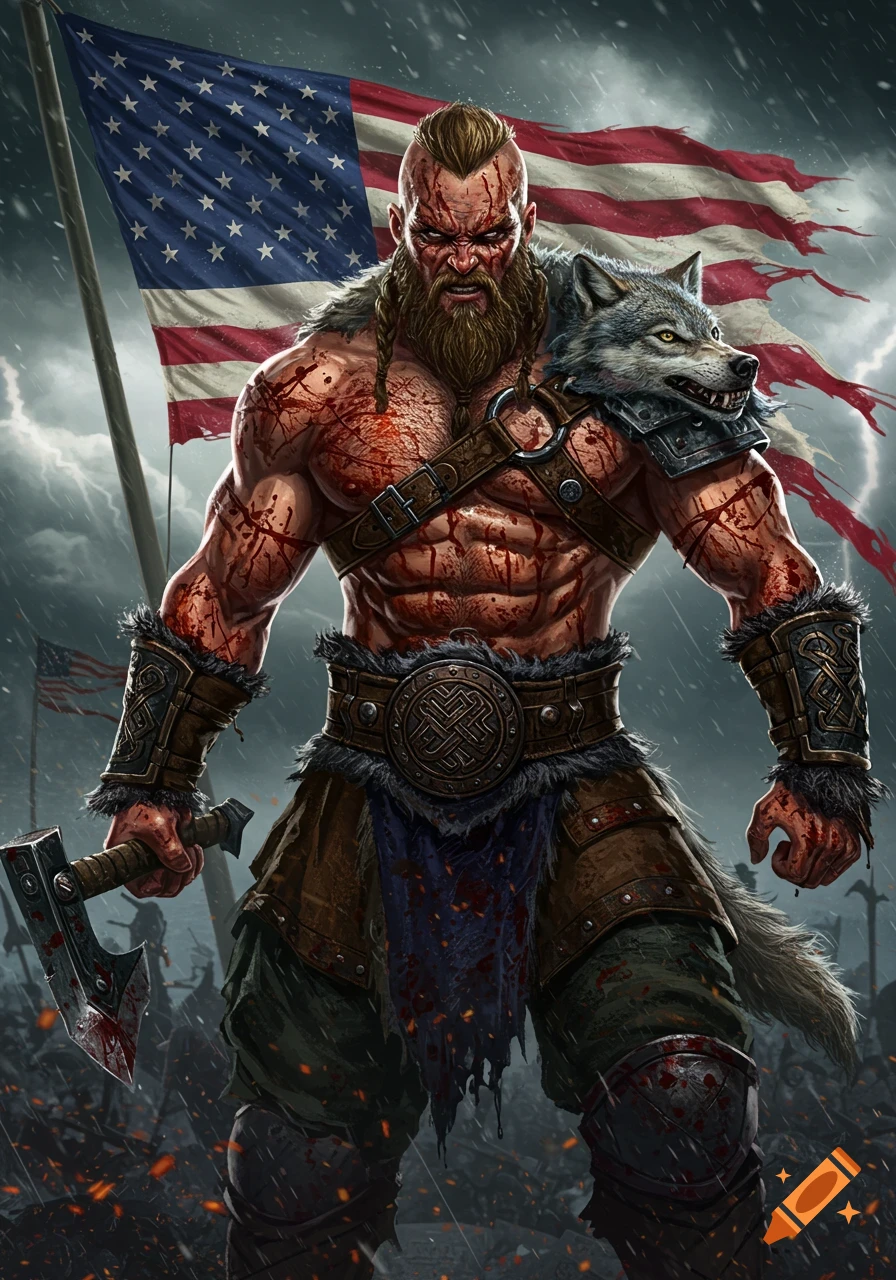 A blood-splattered, muscular viking warrior with an axe and wolf pelt stands defiantly before a tattered American flag in a stormy battlefield.
