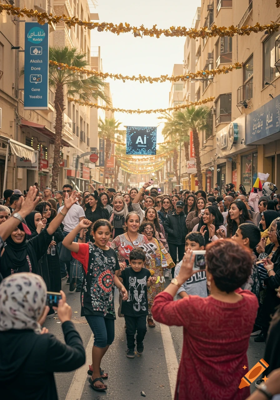 A large crowd of Middle Eastern people celebrating in a street under a floating 'AI' display.