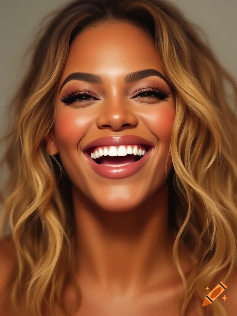 Photorealistic close-up of Beyoncé laughing, with bright makeup and wavy blonde hair.