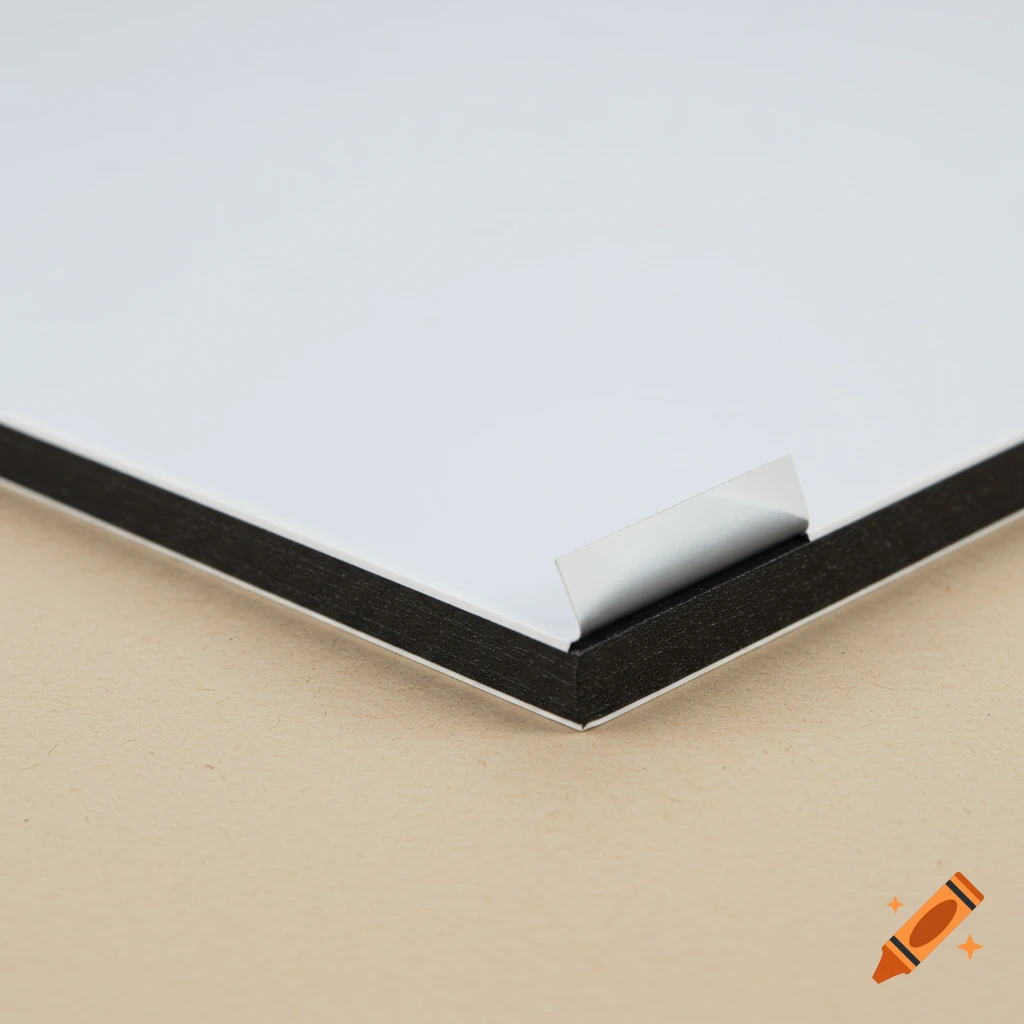 Close-up of a white ACM panel with a black core and a peeling edge, resting on a neutral surface.