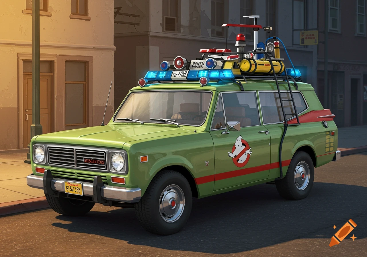 A green 1976 International Scout modified as the Ghostbusters Ecto-1, parked on a city street, seen from a high angle.